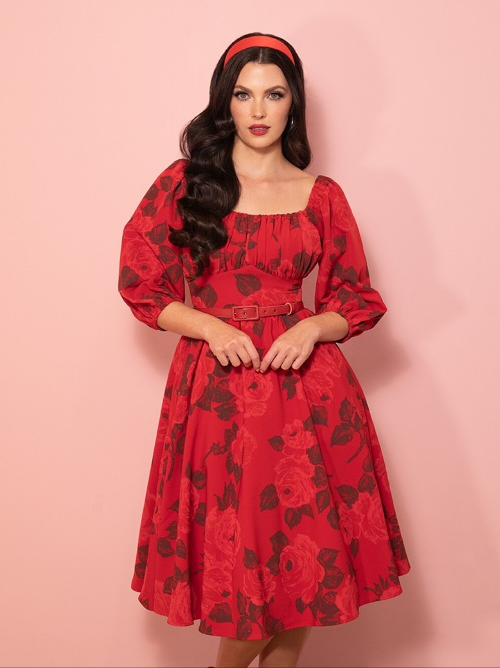 Vixen By Micheline Pitt Vacation Dress in Vintage Red Rose Print, Size XL GUC